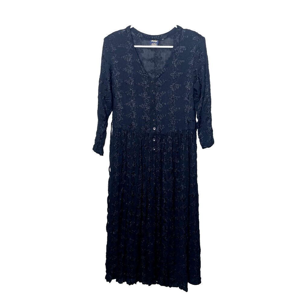 Her Style Size L Dress Black Elbow Sleeve Button Down Floral Cottage Western